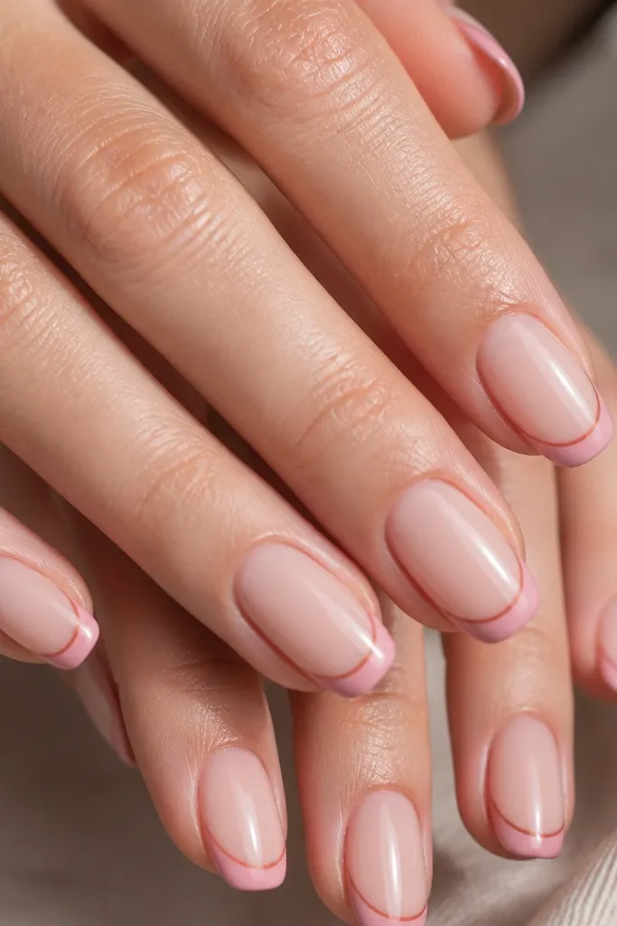 Nails in a sheer nude base. The French tips are peony pink, but a thin taupe shadow line sits under the pink tips like a soft outline. The finish is glossy.