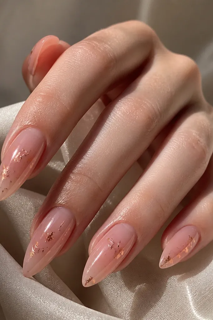 Long almond nails with a translucent blush jelly base. Copper foil flecks are scattered randomly, some pieces catching light like tiny shards. The nails are glossy and slightly wet-looking.