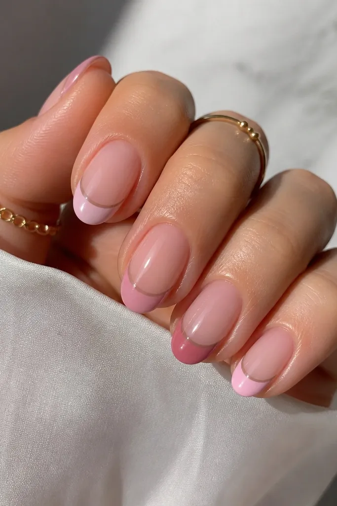Short almond nails in cotton-candy pink. Each nail tip is a different soft pink shade (blush, baby pink, dusty rose, rose quartz, and sheer pink) with crisp, rounded "skittle" borders. A thin warm taupe line runs under the tip curve on every nail, and the base has a glossy clear gel shine.