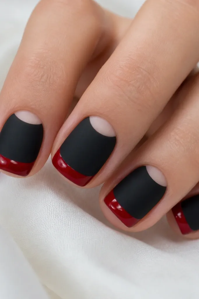 On short square nails, the base is a smooth matte black. The cuticle area has a crisp negative-space half-moon, and the free edge is coated in glossy cherry red with a clean curved border.