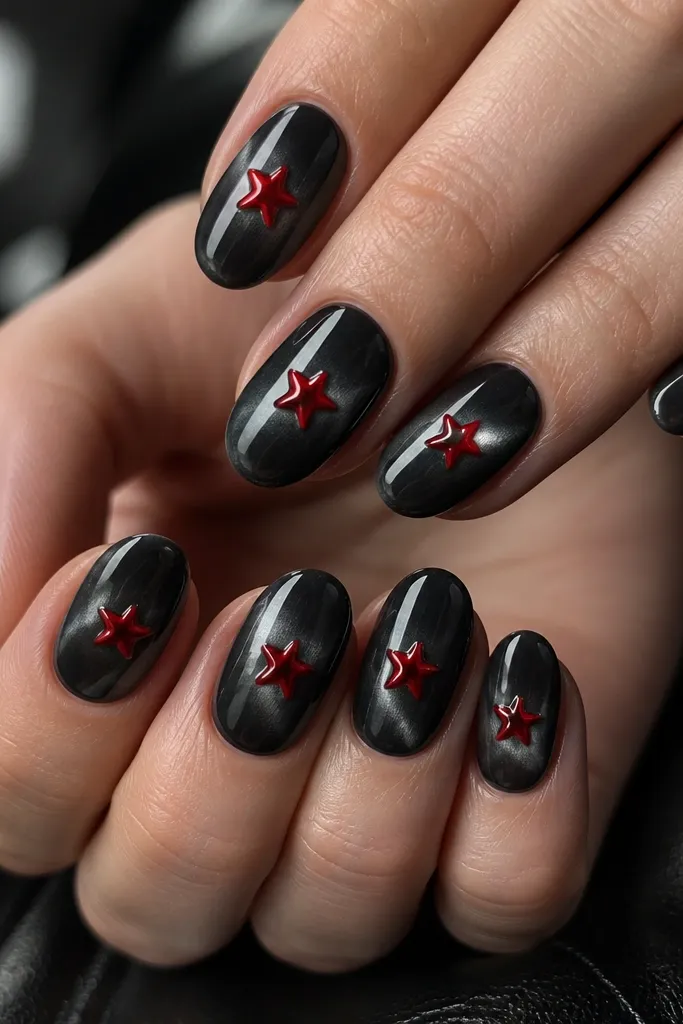 Medium oval nails painted with glossy black cat-eye polish that shows a shifting light band. In the center of each nail is a small five-point red star in sharp, raised gel or polish.
