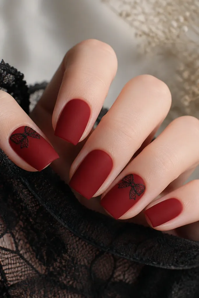 Short squoval nails painted matte velvet red. On the ring finger and thumb, a black lace bow sits near the cuticle with small lace loops, while other nails stay plain matte red.