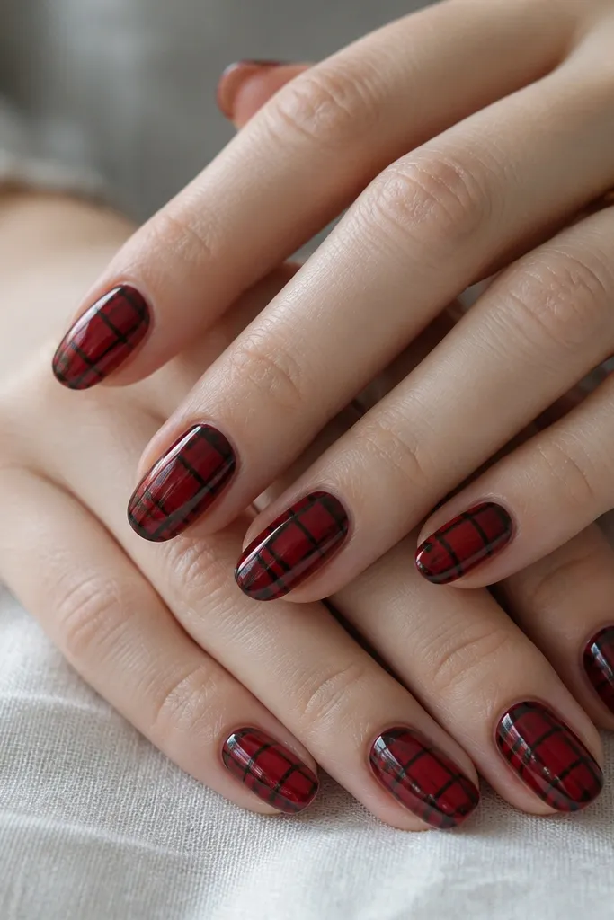 Medium nails with a sheer red jelly base. Over it sits a glossy black grid made of thin horizontal and vertical lines, with slight gaps where the red shows through.