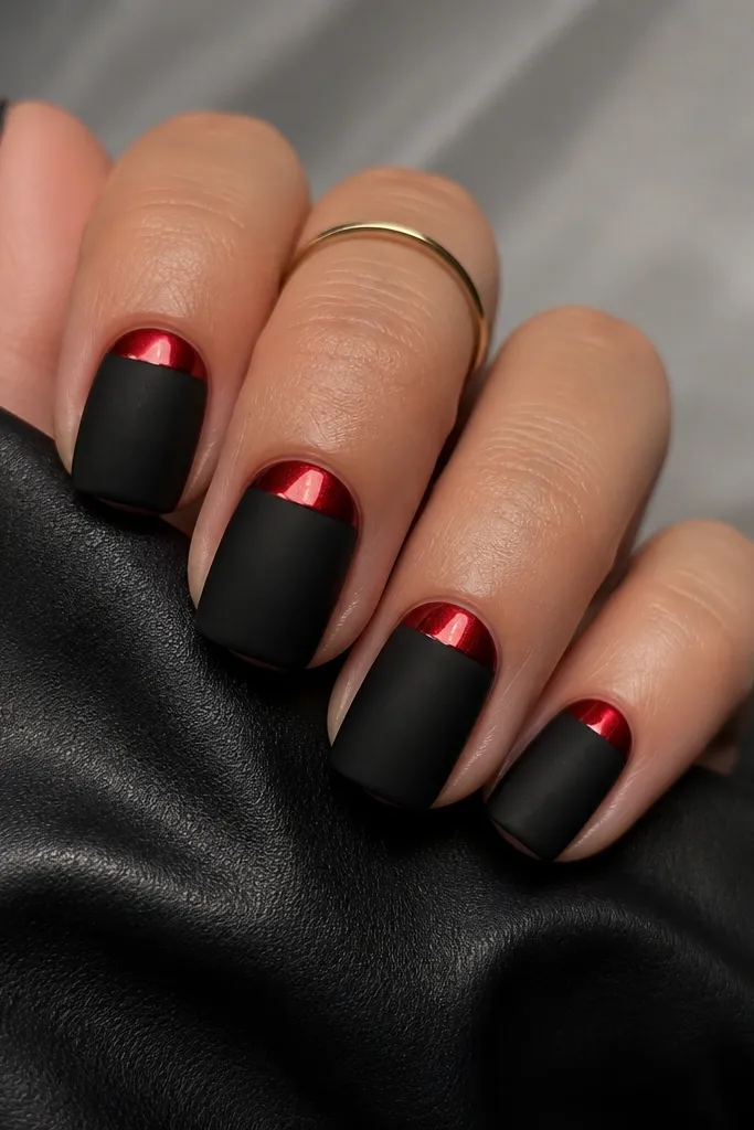 Squoval nails with a red chrome half-moon at the cuticle. The rest of the nail is matte black, with a clean curved border between the chrome and matte.