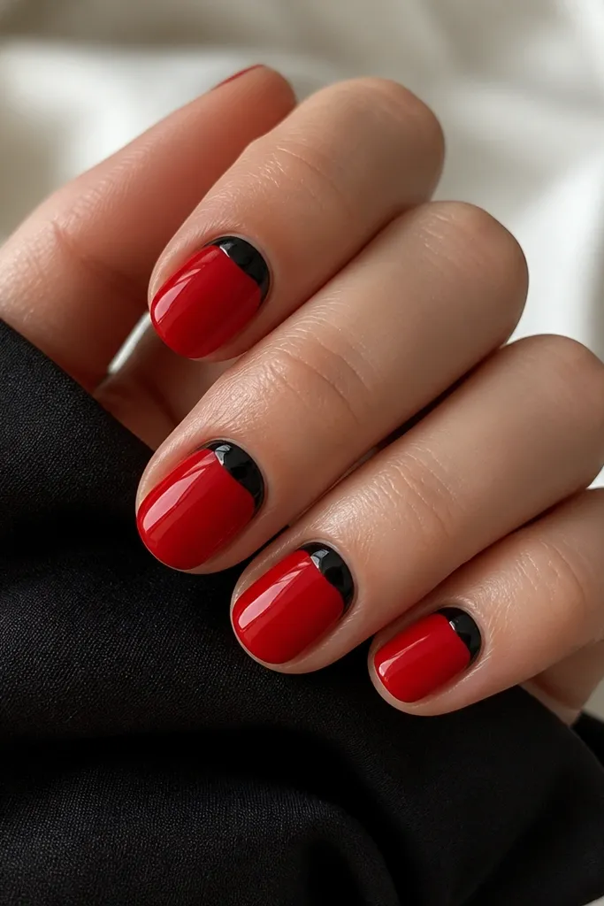 Short round nails with a reverse French style. The cuticle area is glossy black in a rounded arc, while the rest of the nail is glossy red, with clean, soft edges.