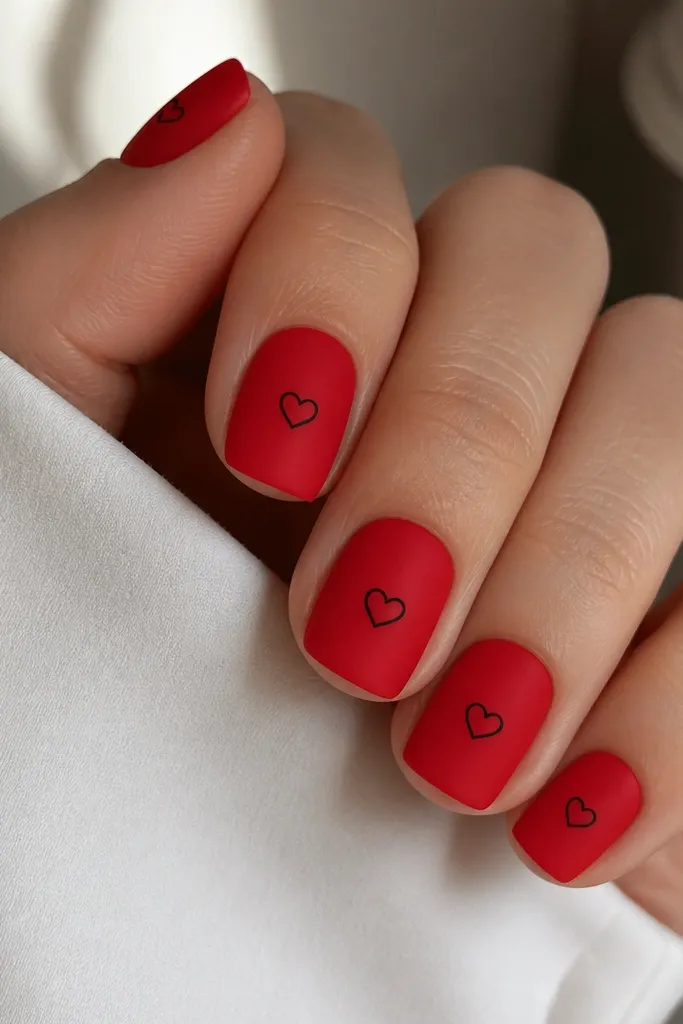 Short square nails in matte red. On each nail there is a tiny black outline heart near the center, with a small gap inside the heart showing the red base.