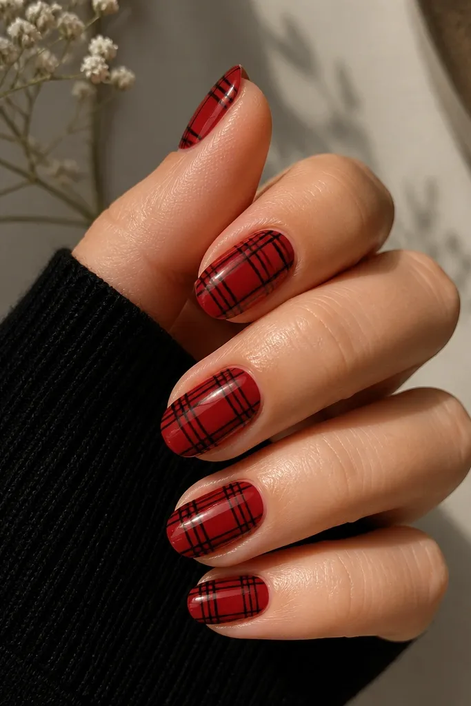Medium nails with a plaid pattern in black and red. The plaid uses thin lines and leaves clear red negative-space squares so the pattern stays airy and neat.