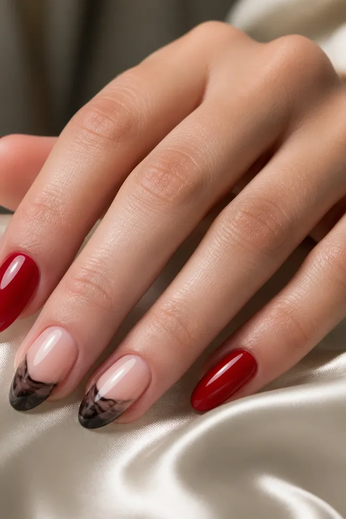Most nails are glossy cherry red. One or two accent nails have a black marble French tip, with thin black swirls over a sheer base at the tip and a clean curved smile line.