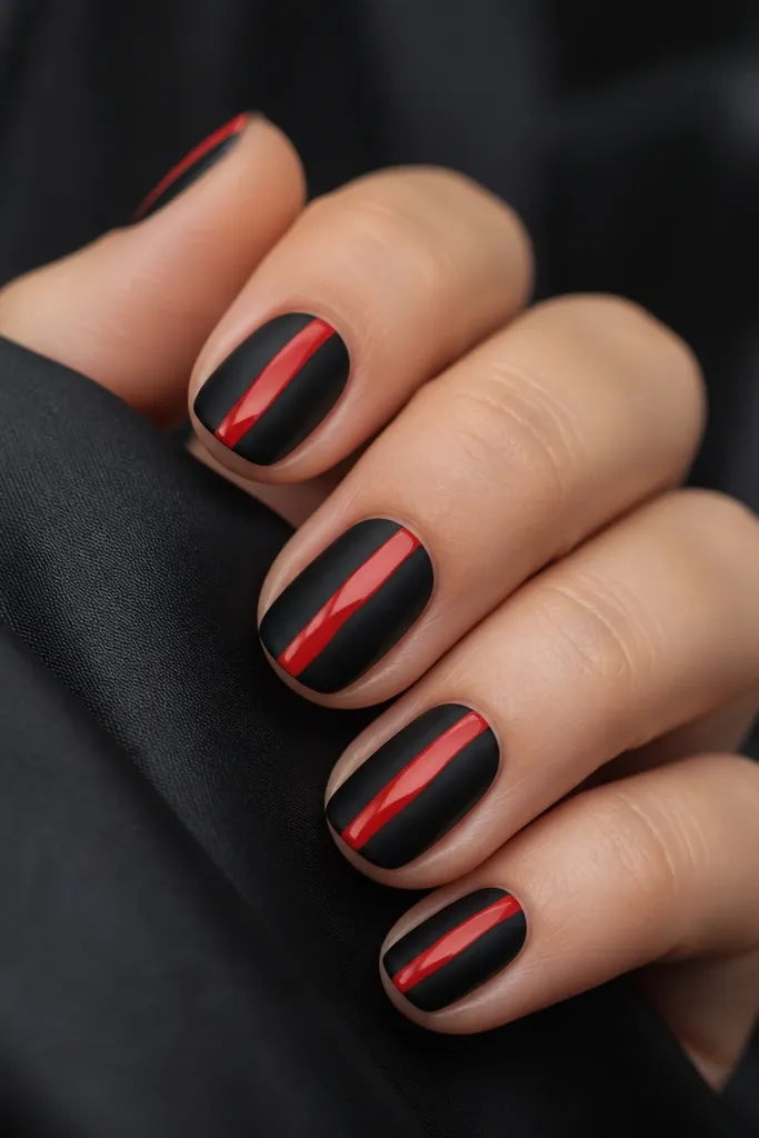 Short to medium nails are matte black. A single glossy red ribbon stripe runs vertically down the center of each nail, with a slightly curved edge like a satin strip.