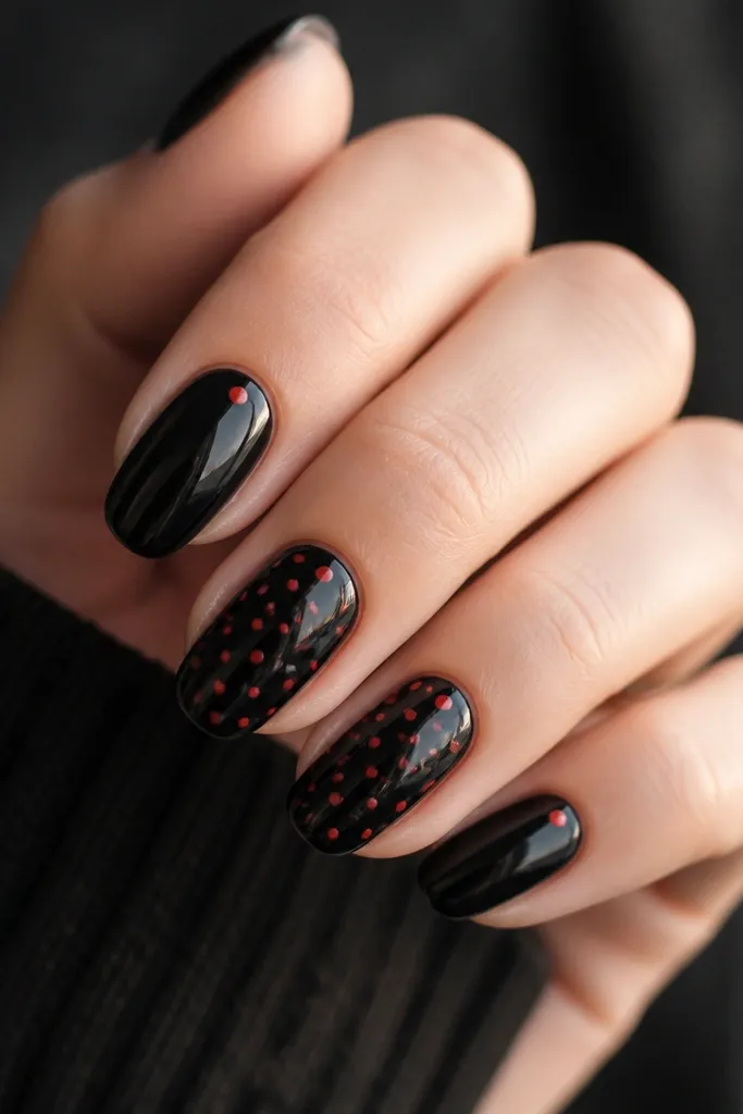 Medium round nails in glossy black. Two nails have a pattern of small red polka dots scattered evenly, while the rest are solid black with one tiny red dot near the cuticle.
