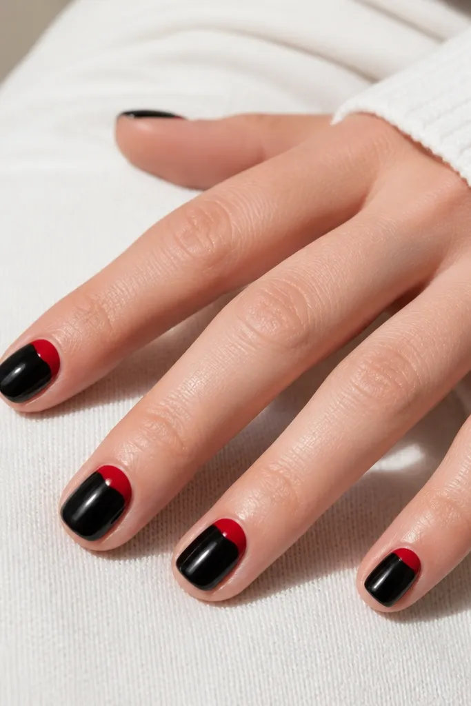 Short rounded-square nails. All nails are solid black except a crisp cherry-red half-moon at the cuticle on each finger. The red curve is sharp and sits just under the nail bed, with a glossy finish.