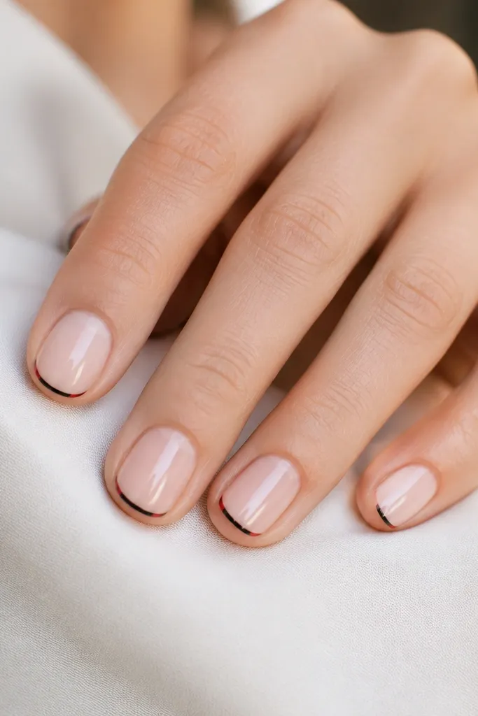Short nails with a sheer nude base. A thin black French line sits at the tip edge, and inside that line is a tiny micro red tip dot or sliver on each nail. Glossy finish, very clean edges.