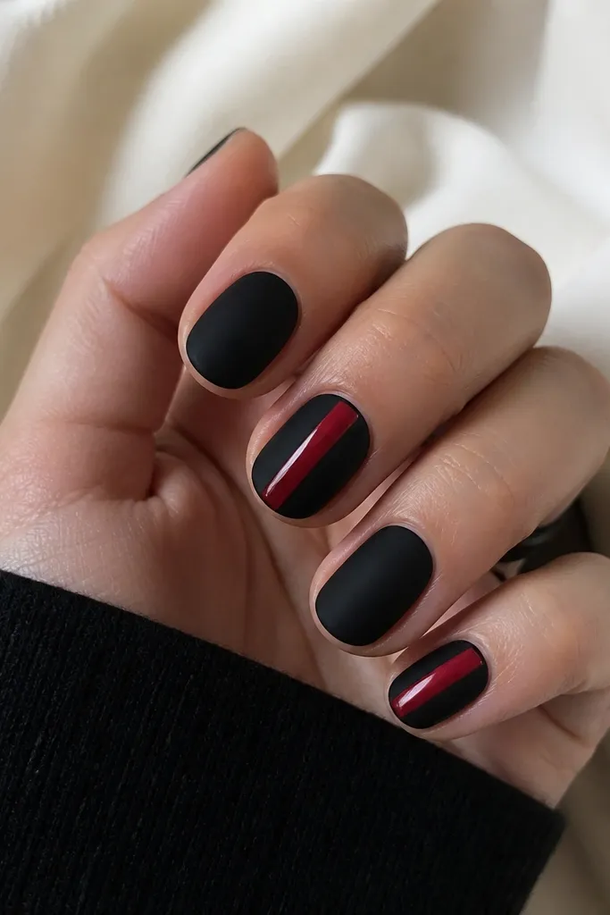 Short rounded nails. Most nails are matte black with a velvety finish. One or two accent nails have a glossy cherry-red vertical stripe centered on the matte black, with crisp edges.