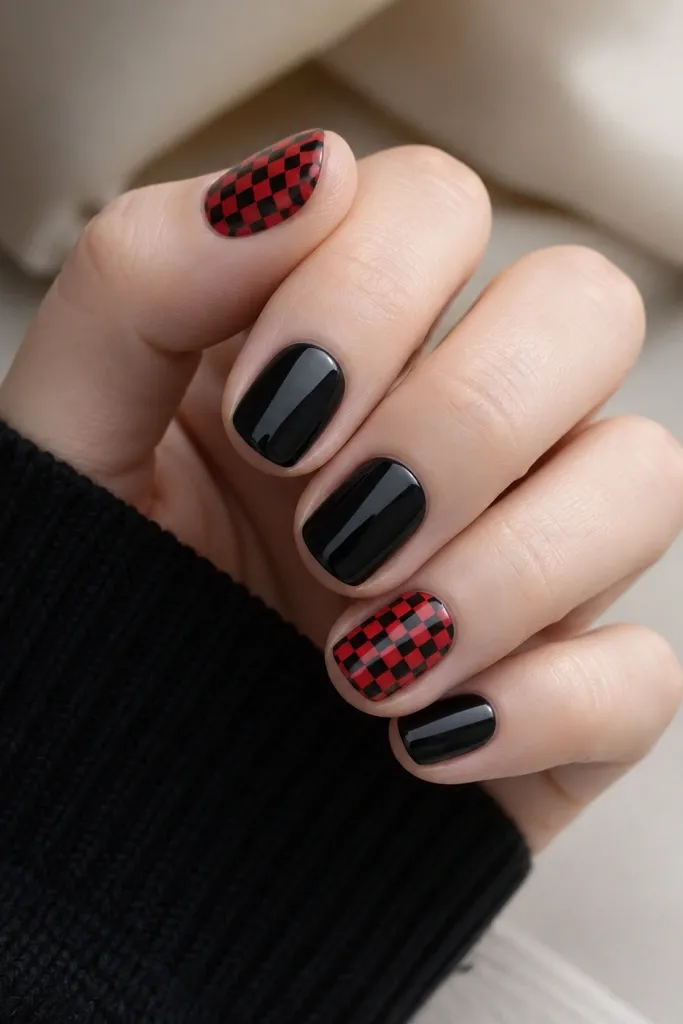 Short nails with solid black on most fingers and solid red on one or two accent fingers. On each accent nail, there's a diagonal checker pattern made of tiny alternating black and red squares. Glossy top coat.