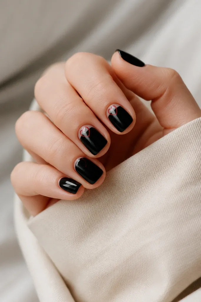 Short nails in glossy black. At the cuticle area on two nails, there are small red outline hearts made with thin lines, not filled in. The rest of the nails are plain black.