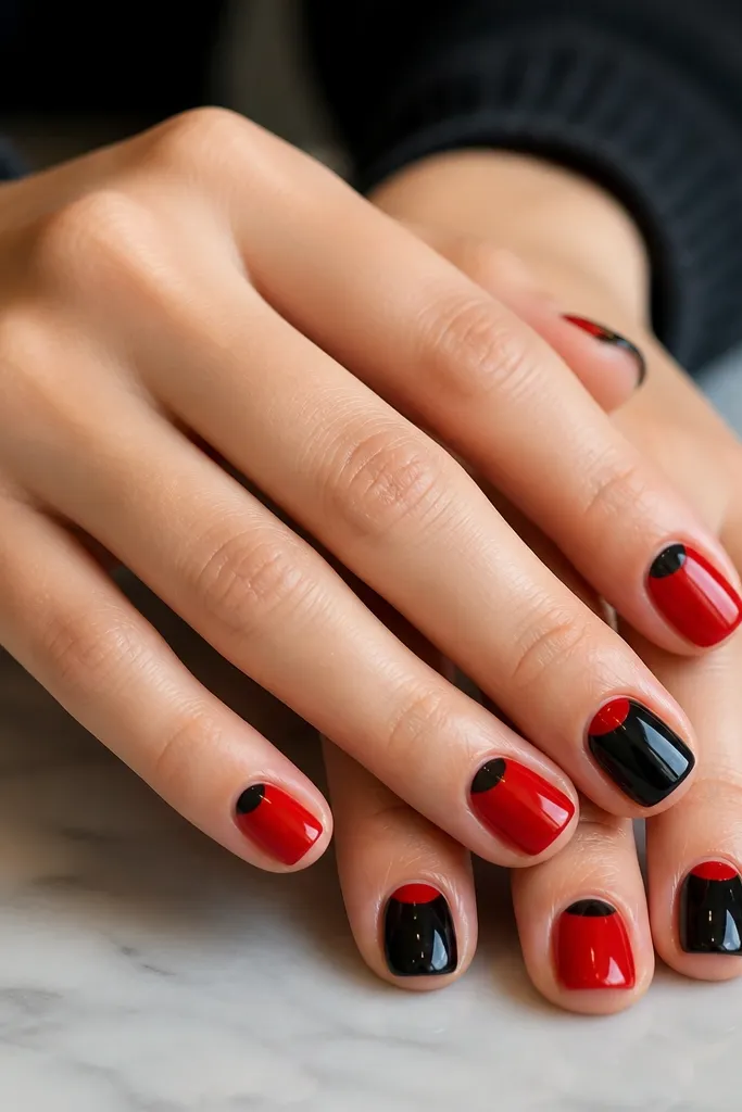 Short nails with alternating colors: some are solid red, some are solid black. On each red nail, a black half-moon sits at the cuticle; on each black nail, a red half-moon sits at the cuticle. Glossy finish.