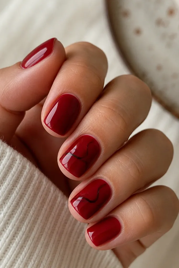 Short nails in glossy deep red. Across two nails, thin black swirl lines loop from the side toward the center in an S-shape. Other nails are solid red with no lines.