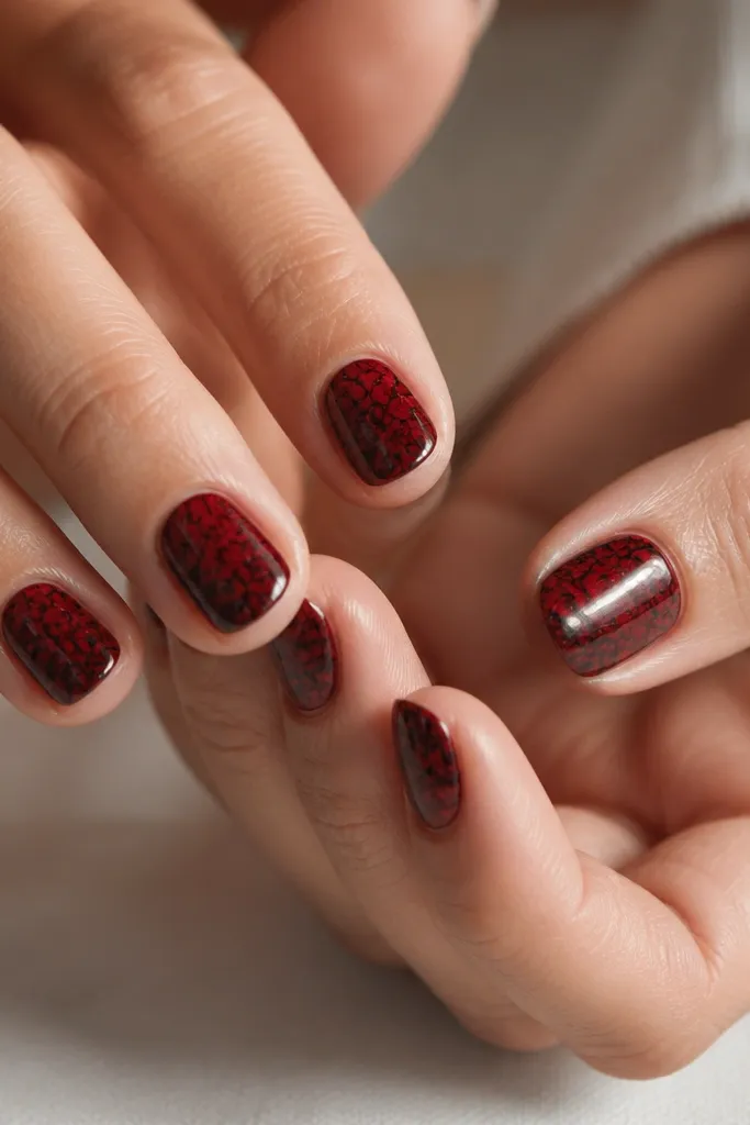 Short nails where the base looks red through a crackle effect. The crackle pattern is black, like thin broken lines across the red, with a glossy top coat.