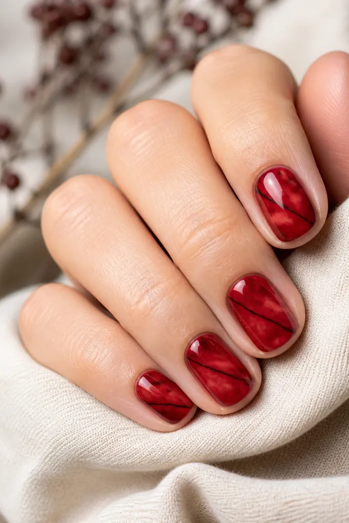 Short nails with a red marble-like base made from blended red tones. On each nail, a few black thin stripes cross diagonally, like veins. Glossy finish.