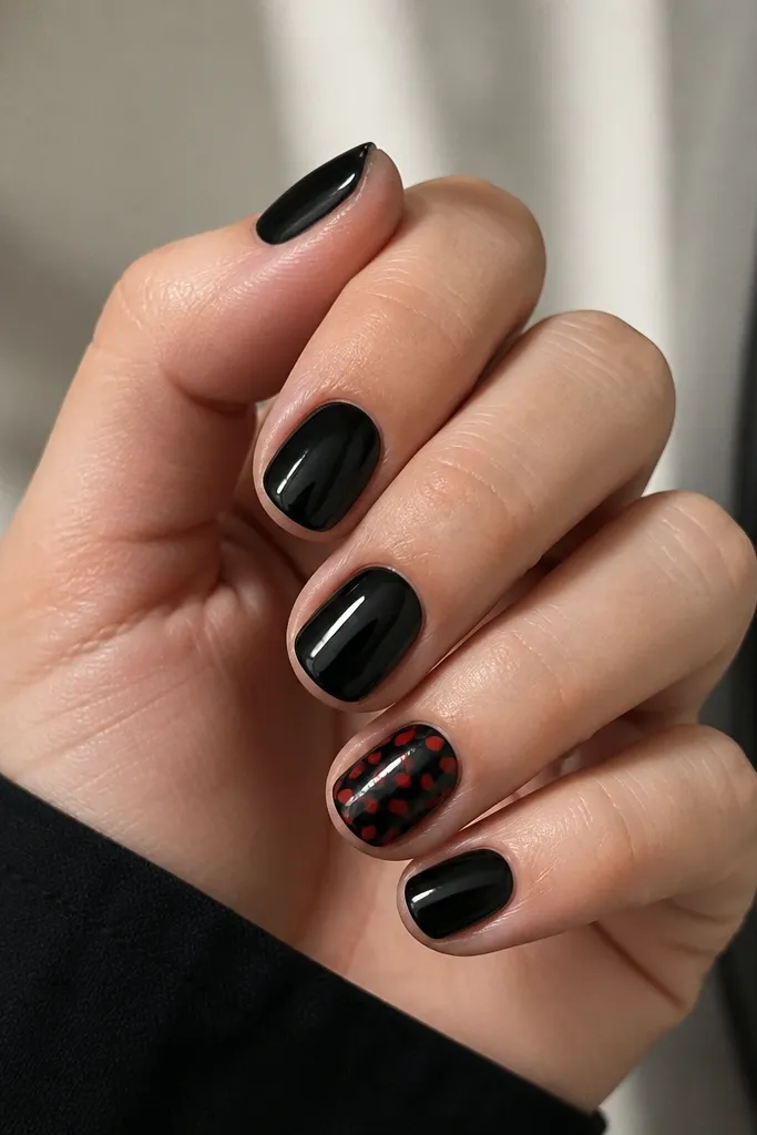 Short nails with solid black. On the ring finger, there's a grid of small alternating red and black dots arranged in neat rows. Glossy finish on all nails.
