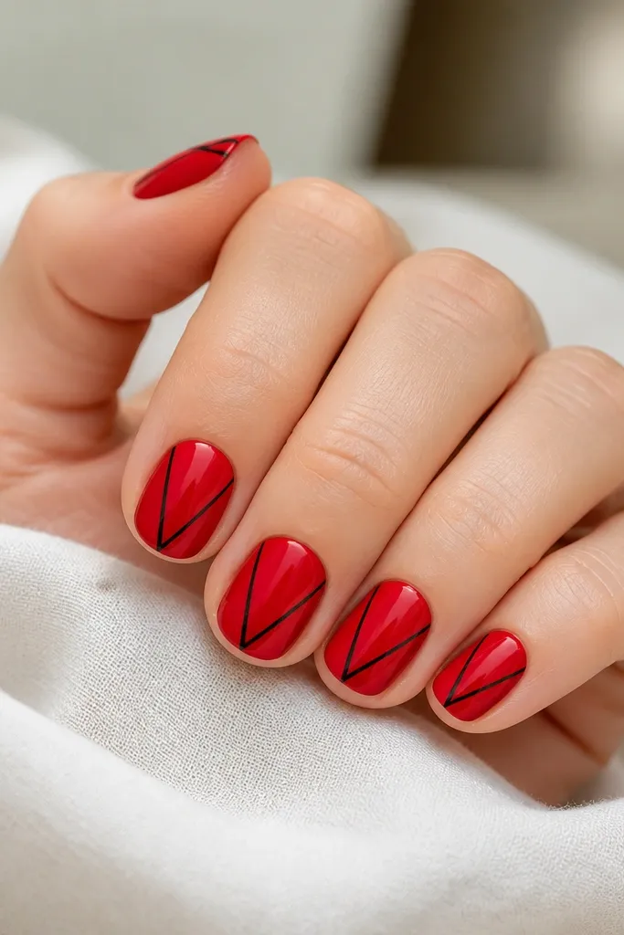 Short nails in glossy classic red. On each nail, two thin black V-shaped stripes run from near the sidewalls toward the center, leaving the middle red. Clean, symmetrical look.