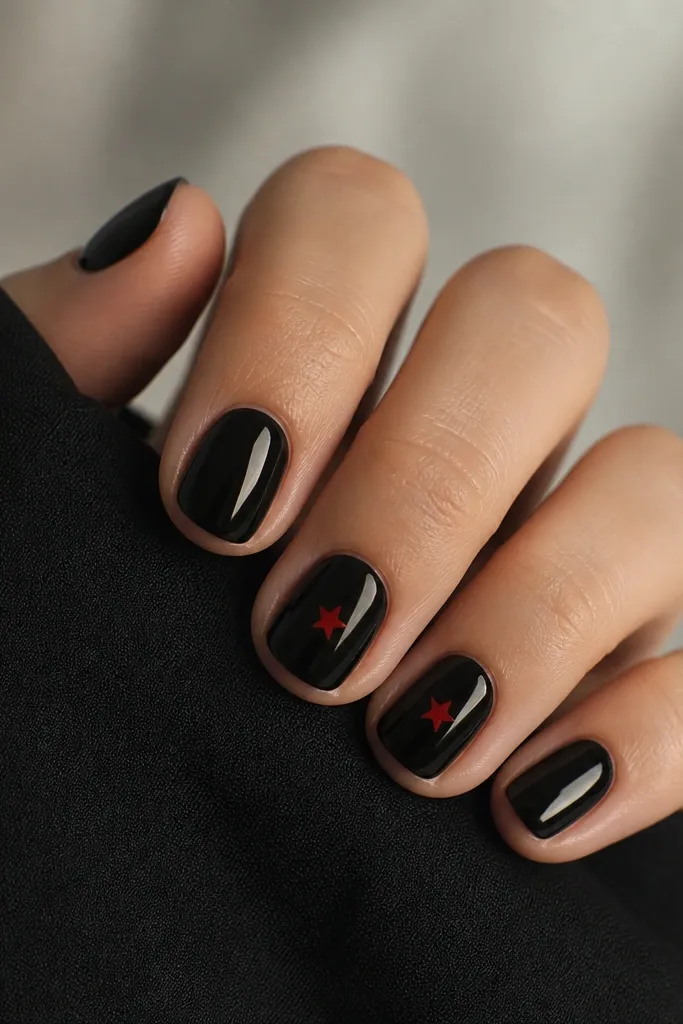 Short nails in glossy black. On two nails, tiny five-point red stars sit in the negative space near the center, with no filled star background. Other nails are plain black.