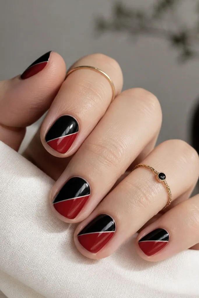 Short nails with diagonal panels that look like clean tape lines. Some nails have black and red separated by sharp diagonal borders, with a glossy finish. The borders are straight and crisp.
