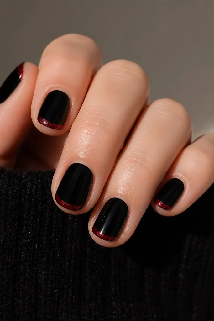 Short nails with solid black base. Along the outer free edge on each nail is a thin line of red glitter, like a glitter French. The rest is matte or glossy black, with the glitter catching light.