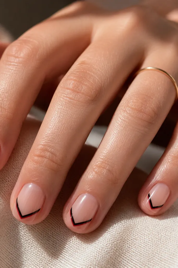 Short rounded nails with a sheer nude base. A black V-shaped French line sits near the center of each nail, pointing down toward the free edge. At the very tip, a thin micro red line follows the curve of the nail, like a tiny red smile.