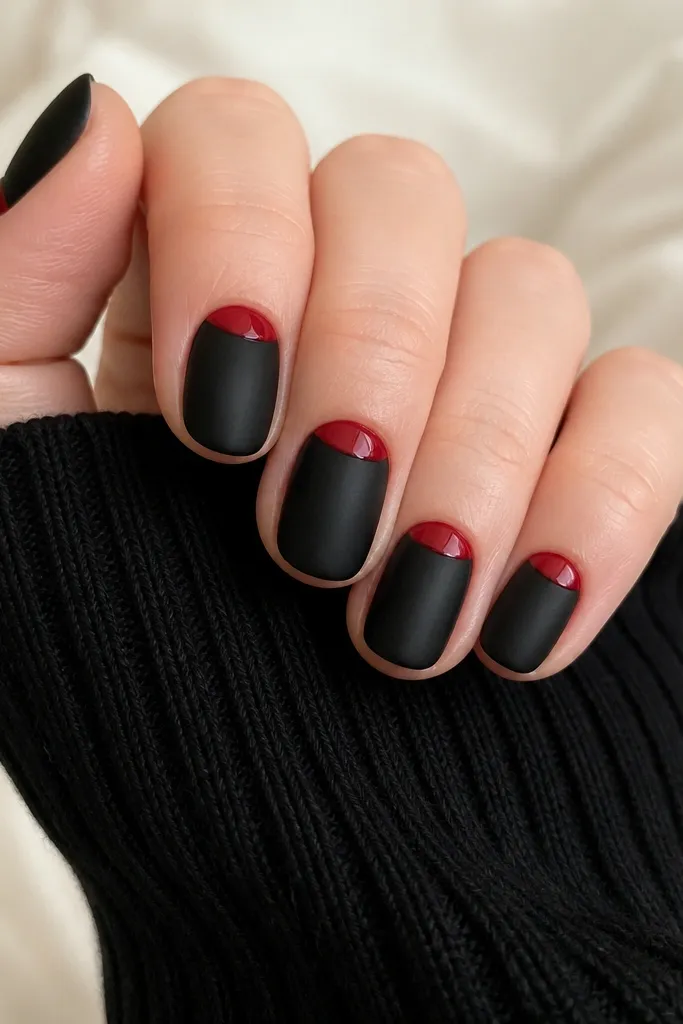Short oval nails painted matte black. At the cuticle, a clean half-moon of red sits like a crescent, with the black kept smooth and opaque. The red crescent has a crisp edge and a satin shine compared to the matte black.