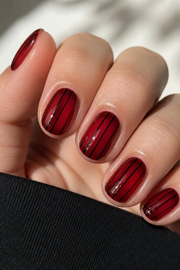 Short nails with a glossy red jelly base that is translucent at the center. Two to three thin black pinstripes run vertically from near the cuticle to the tip on each nail. The pinstripes are crisp and slightly raised, giving a graphic look.