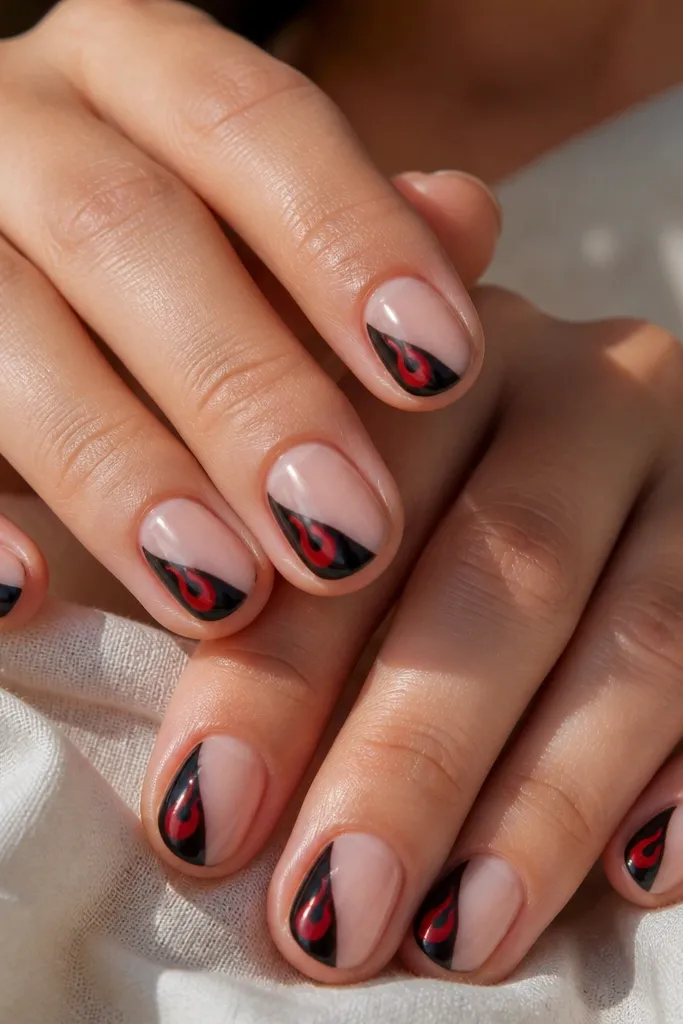Short nails with a sheer nude base. One side of each nail has a bold black brushstroke angled diagonally across the nail. Inside the black stroke, a red swirl-like cutout appears as negative space, with the nude still visible around it.