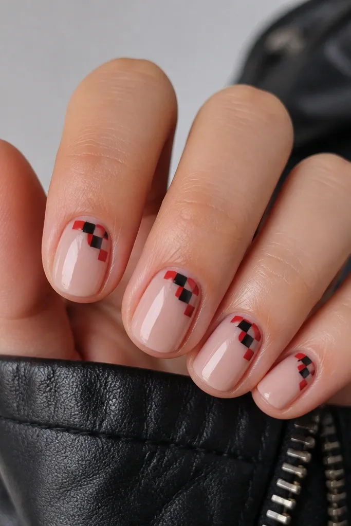 Short nails with a nude base. In the upper corner near the cuticle, a small checker pattern alternates red and black squares. The rest of each nail stays nude and glossy, with a clean cuticle line.