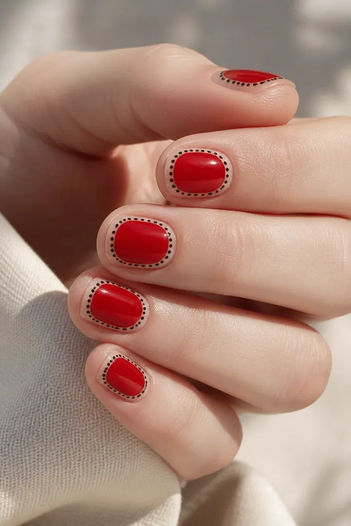 Short nails with a glossy red center panel. Around the red panel is a black dotted outline - evenly spaced dots form a rectangle or rounded square frame. The edges of the nail outside the red panel are nude or sheer.