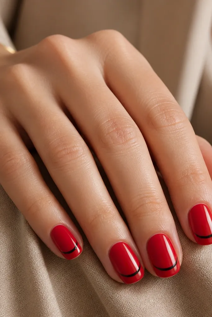 Short nails with a glossy red base. Near the tip, a black arc curves inward like a reverse French. The arc is thin and crisp, leaving the very edge red.