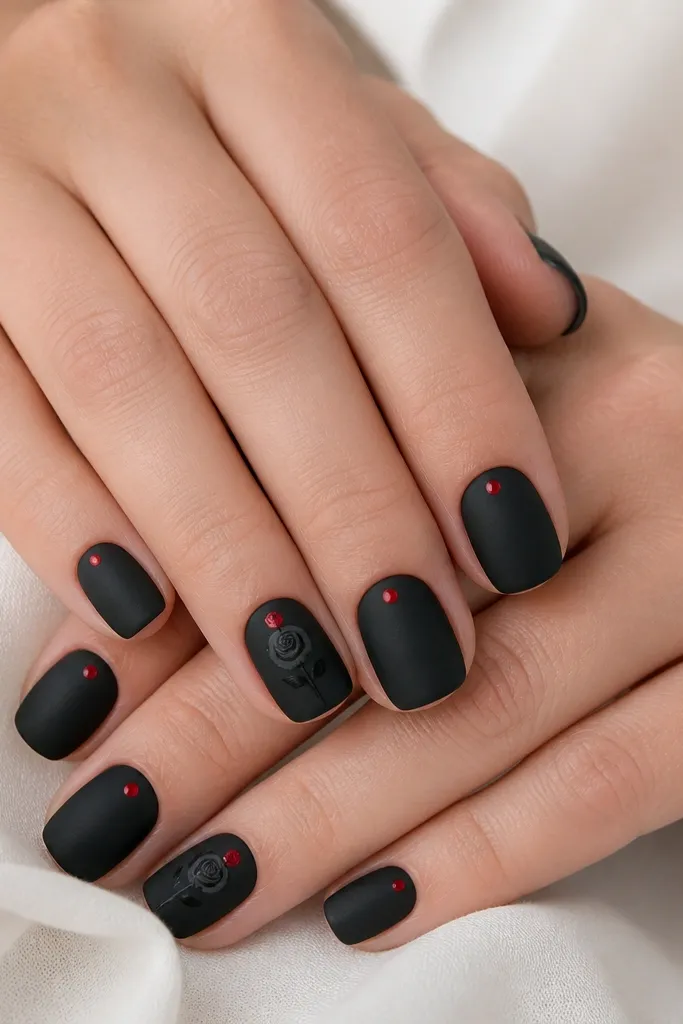 Short nails with matte black base. On two accent nails, a small black rose is painted near the center with a tiny red bud at the top of the rose. Other nails stay matte black with one small red dot near the cuticle.