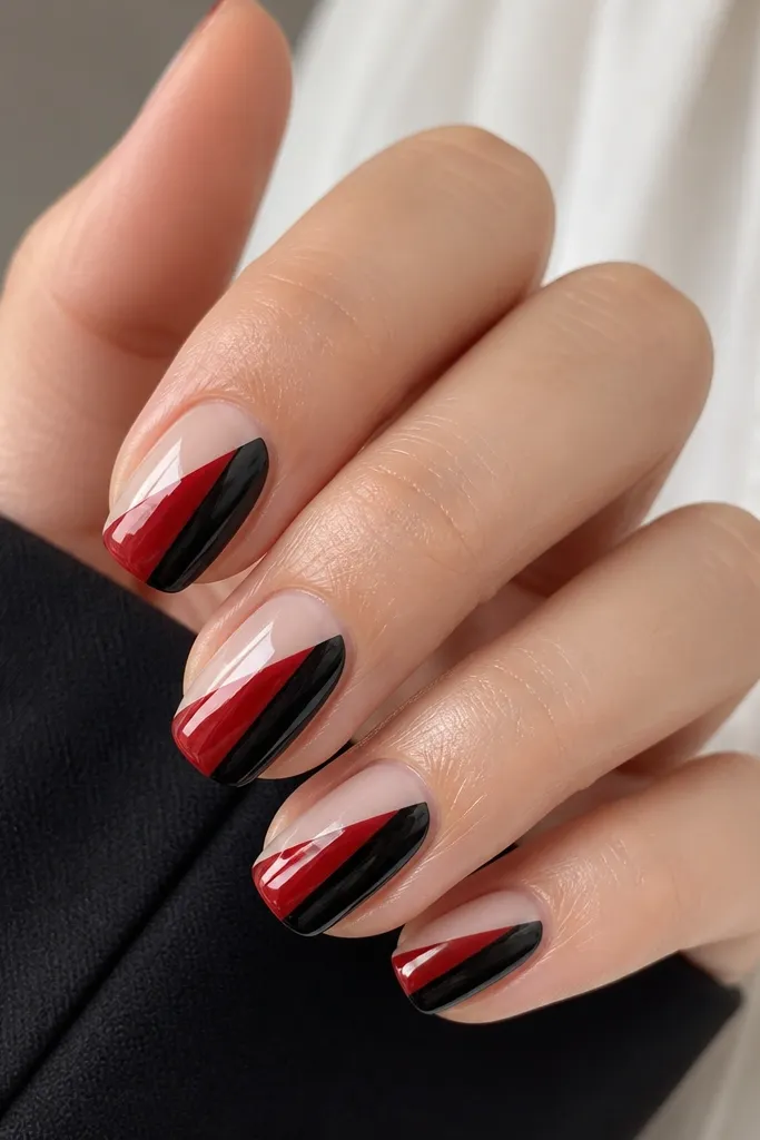 Short squoval nails with a sheer nude base. Each nail has a diagonal split: one side is glossy red, the other side is glossy black. The split line is straight and slightly angled from lower left to upper right.