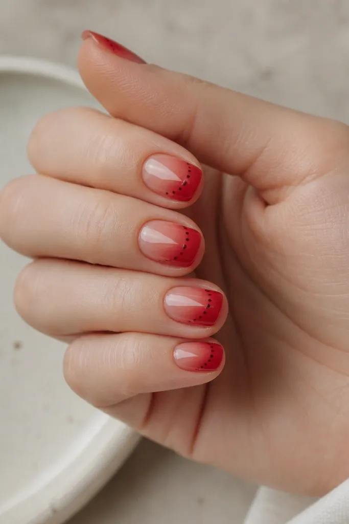 Short nails with a translucent red jelly base. At the tip, a soft-looking red jelly French fades upward. Around the tip area, there's a ring of small black dots like a halo.