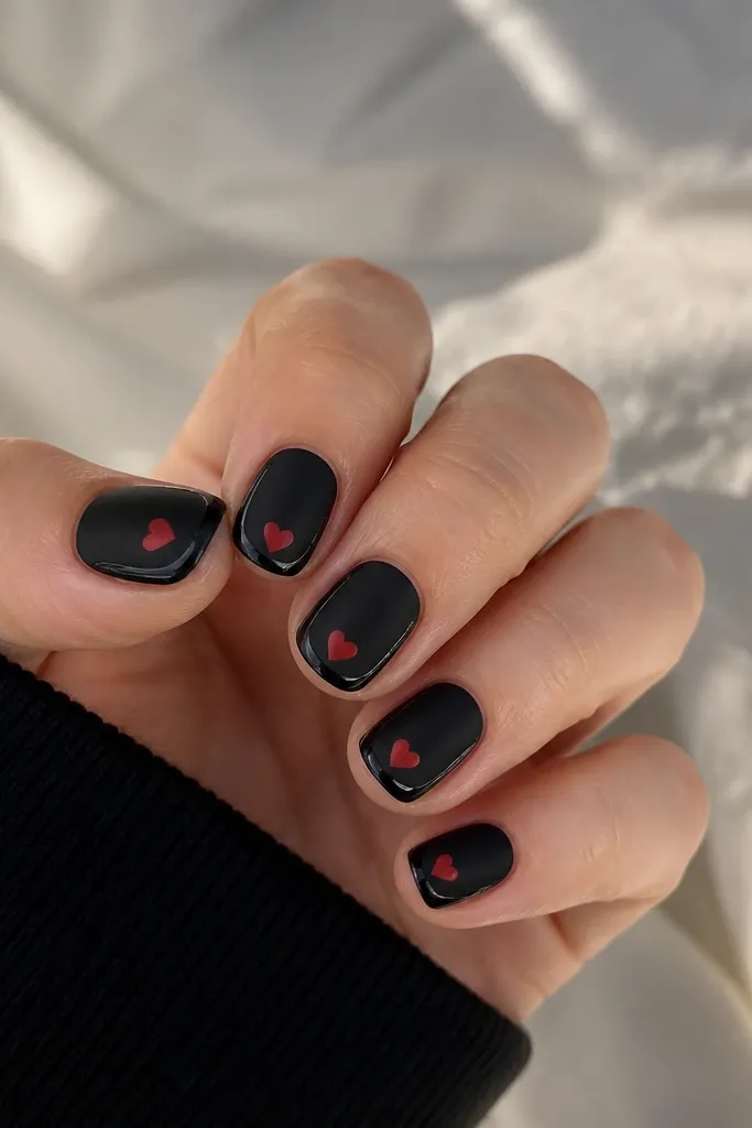 Short nails with matte black base. On each nail, a thin glossy black frame outlines a rounded rectangle. Inside the frame, a single tiny red heart sits near the center or slightly toward the cuticle.