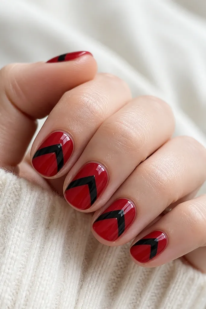 Short nails with a glossy red base. A black chevron pattern sits across the center, formed by two V-shaped lines that meet in the middle. The chevron is glossy and crisp, with clean edges and a smooth top coat.