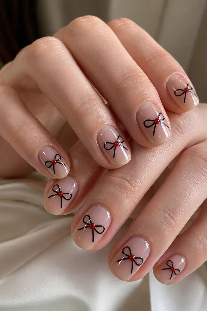 Short nails with a sheer nude base and glossy finish. On each nail, black linework forms a bow tie shape across the center, with two loops and a knot. In the knot area, there's a small glossy red dot or tiny oval.
