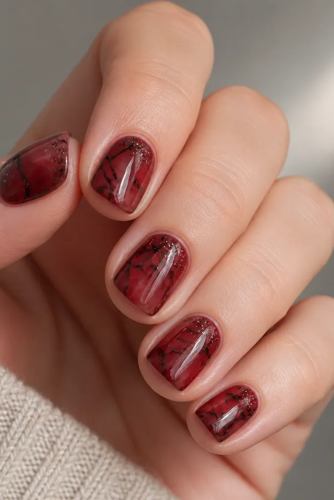 Short square nails with a smoked red marble base. Fine black vein lines branch through the red like cracked stone, with a few tiny white specks near the cuticle. Glossy top coat reflects light in a soft streak, and the black lines have crisp edges without fuzzy edges.