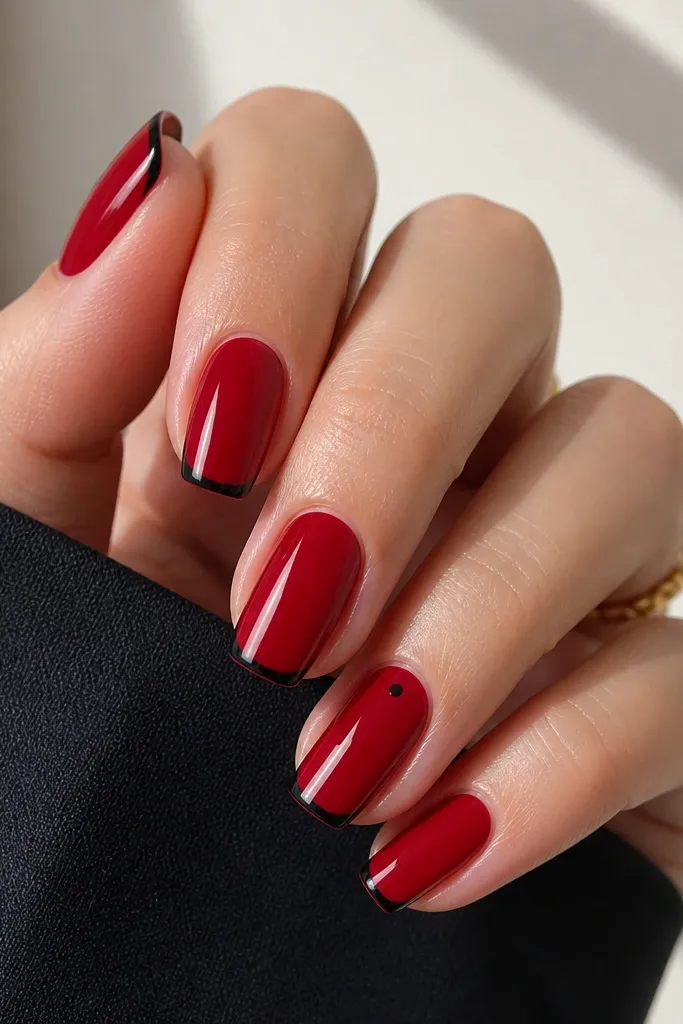 Five nails shown on a hand: a glossy cherry-red base with thin, straight black French tips that are narrower than a typical French line. The black tips sit right at the free edge, leaving a clean white-free gap between red and black. One accent nail has a tiny black dot near the sidewall.