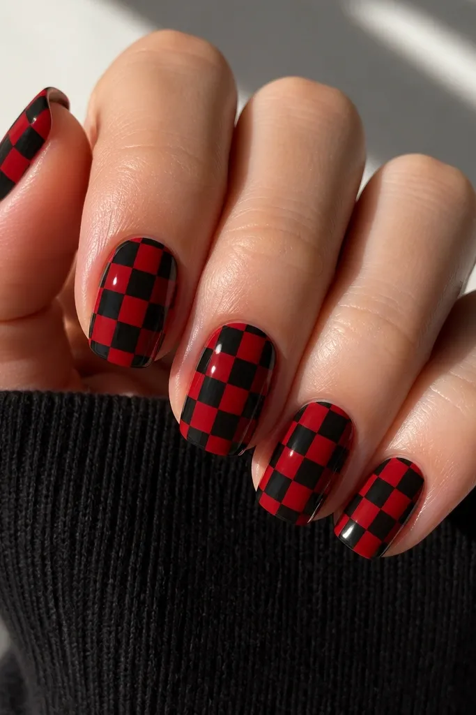 A hand display of nails with a glossy deep red base. Each nail has a clean checker pattern made from black squares and red squares, with the black squares separated by crisp, straight lines. The checker pattern is slightly offset on two nails to create a playful rhythm.
