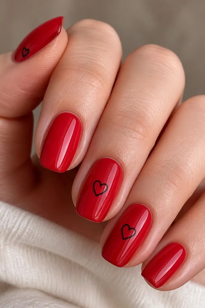 A glossy classic red manicure with thin black heart outlines on two accent nails. The hearts are small, centered near the middle of the nail, and outlined like a fine marker. The remaining nails are solid red with one nail having a tiny black heart at the side near the cuticle.