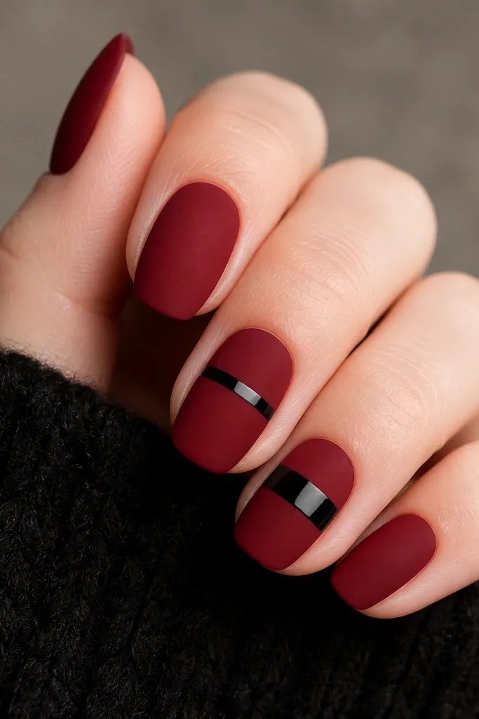 Some nails are matte velvet red, with a soft, non-shiny finish. Two nails have glossy black horizontal bands across the middle, and the glossy bands reflect light sharply. The bands are straight and about 2-3 mm wide, with one band slightly thicker on an accent nail.