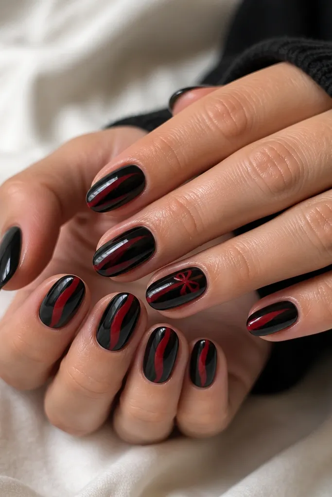 A set where most nails are glossy black. In the center, each nail has a ribbon-like red negative space that curves slightly like a ribbon, leaving red exposed while the rest is black. The red ribbon has smooth edges, and one accent nail has a tiny red bow shape near the cuticle.