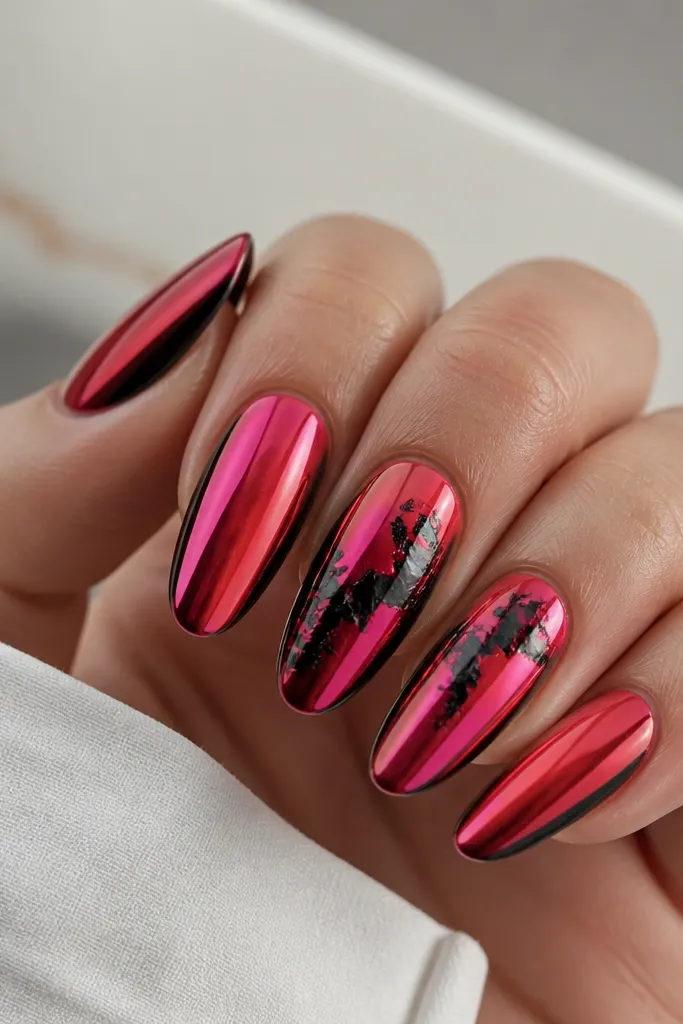 Long, glossy nails with a red chrome base that shifts pink-red under light. On two accent nails, black foil pieces look like torn paper streaks across the center, with uneven edges. The rest of the nails are solid red chrome with one thin black line near the sidewall.