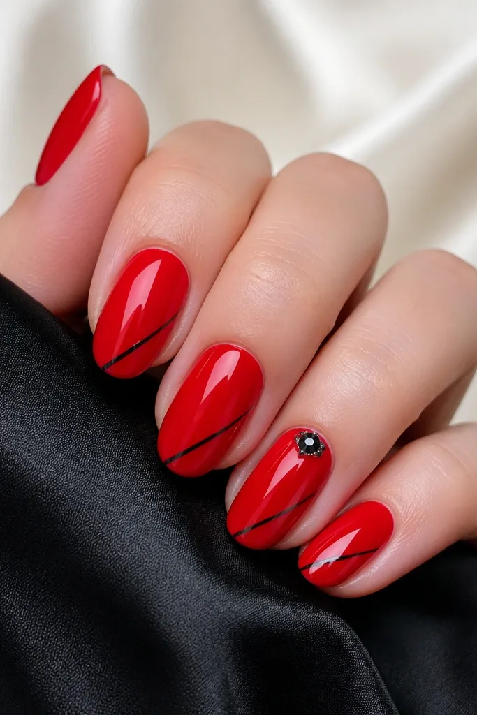 Classic glossy red nails with a single thin black pinstripe running diagonally from the lower left toward the center. One accent nail has a tiny black gem at the cuticle area, with a clear, faceted sparkle. The rest are solid red with no other patterns.