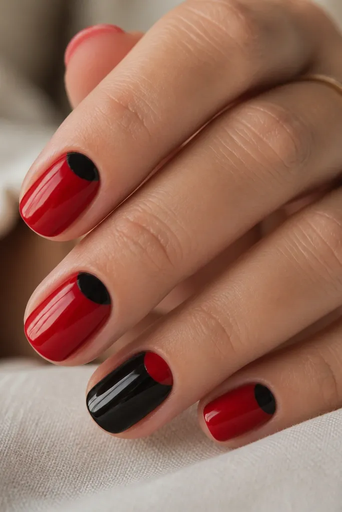 Each nail has a glossy base split with a half-moon shape near the cuticle in black, while the rest of the nail is red. The half-moon edges are clean and curved, matching the natural cuticle. One accent nail has the split reversed: black base with red half-moon.